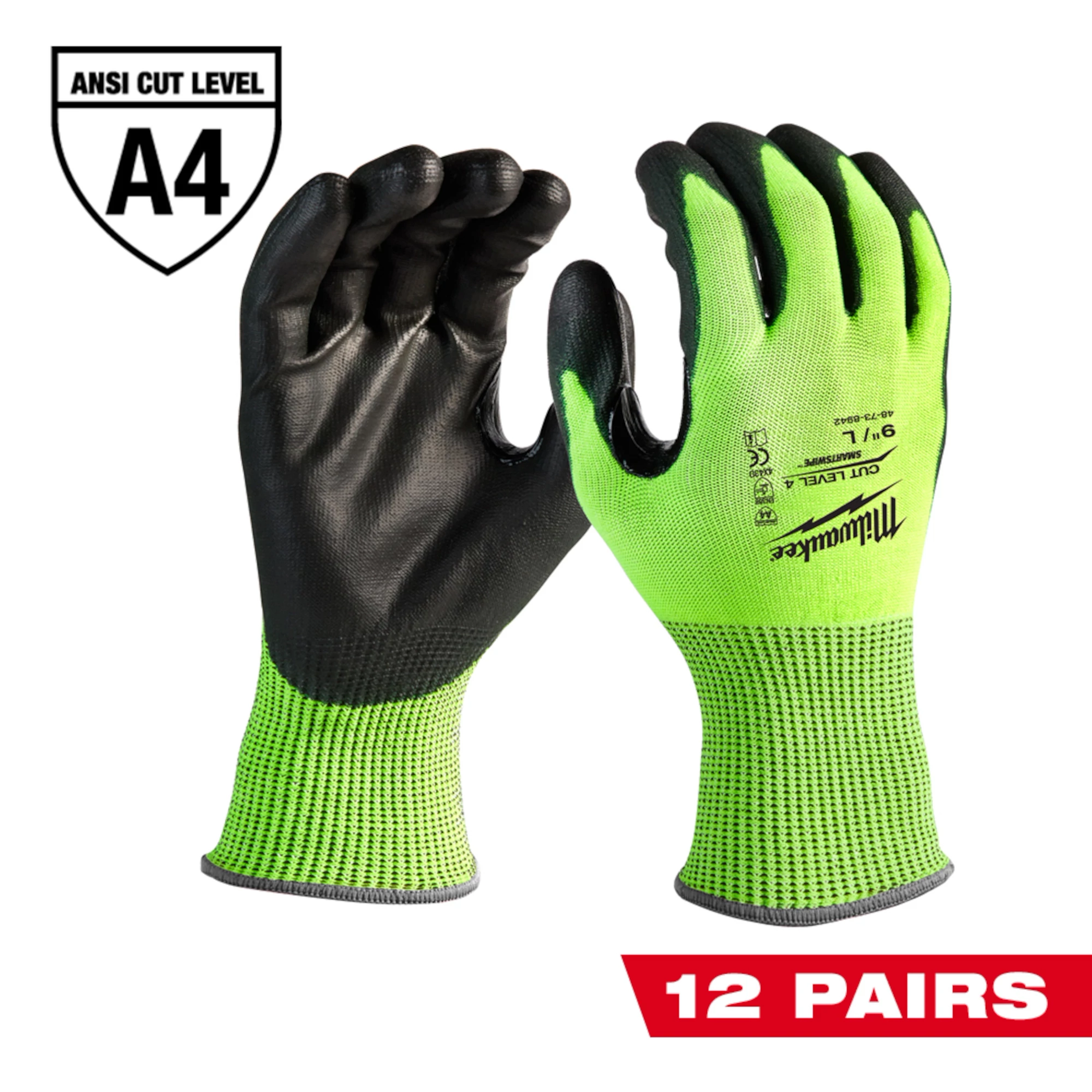 12 Pairs Cut Level 4 Polyurethane Dipped Gloves in green and black, featuring ANSI Cut Level A4 rating.