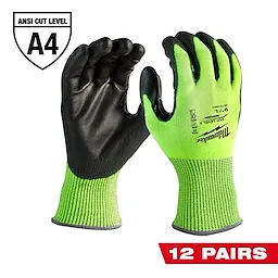 12 Pairs Cut Level 4 Polyurethane Dipped Gloves in green and black, featuring ANSI Cut Level A4 rating.
