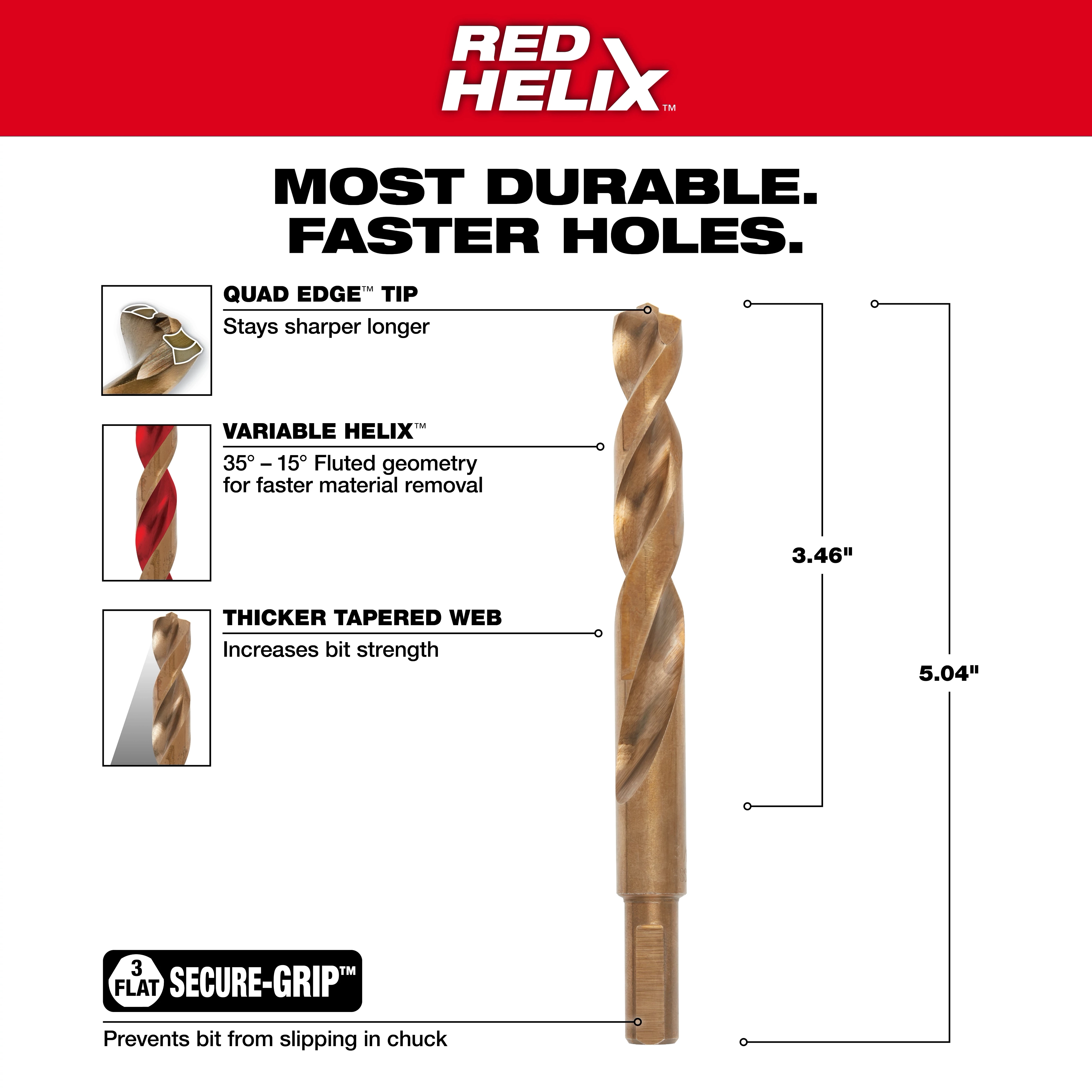 Milwaukee 48-89-2328 Walkaround drill bit featuring a Quad Edge tip, Variable Helix fluted design, and thicker tapered web for durability.