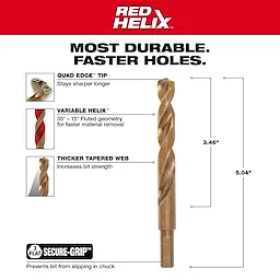 Milwaukee 48-89-2328 Walkaround drill bit featuring a Quad Edge tip, Variable Helix fluted design, and thicker tapered web for durability.