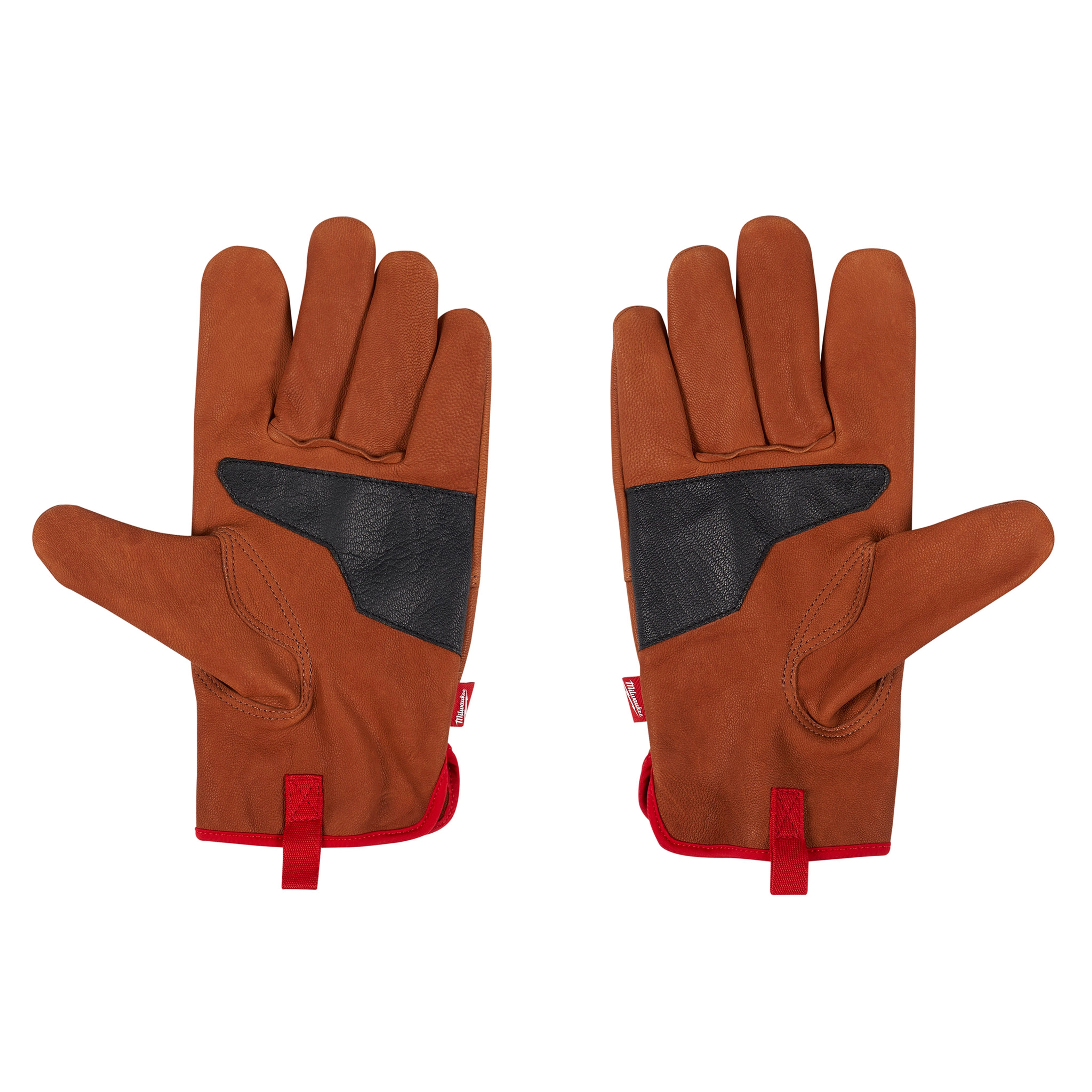 Goatskin Leather Gloves featuring brown goatskin leather with black textured patches on the palms and fingers. The gloves have red trim on the cuffs and are shown with both the front and back sides visible.