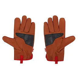 Goatskin Leather Gloves featuring brown goatskin leather with black textured patches on the palms and fingers. The gloves have red trim on the cuffs and are shown with both the front and back sides visible.