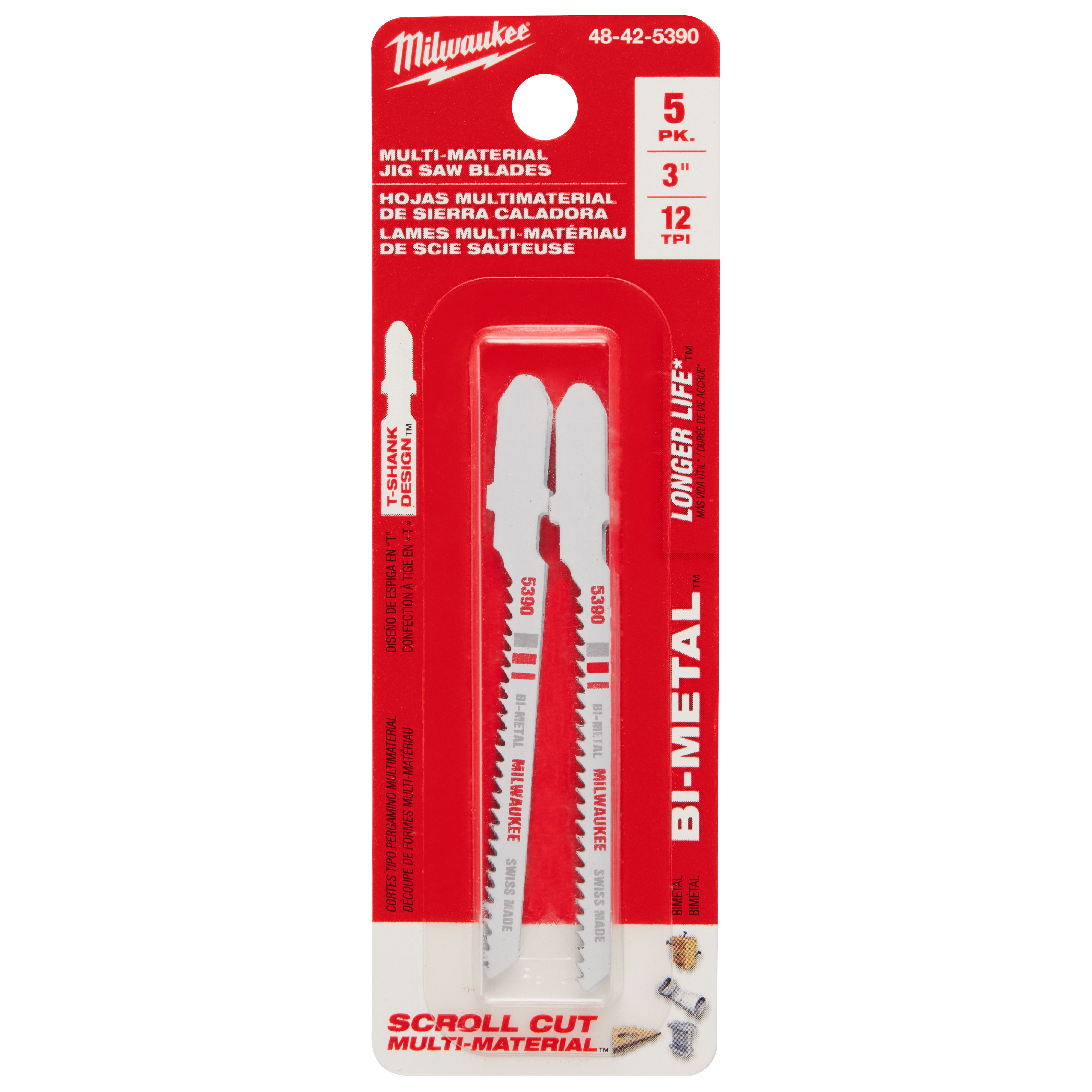 3" 12TPI T-Shank Multi-Material Bi-Metal Jig Saw Blades 5PK in red and white packaging, featuring two blades.