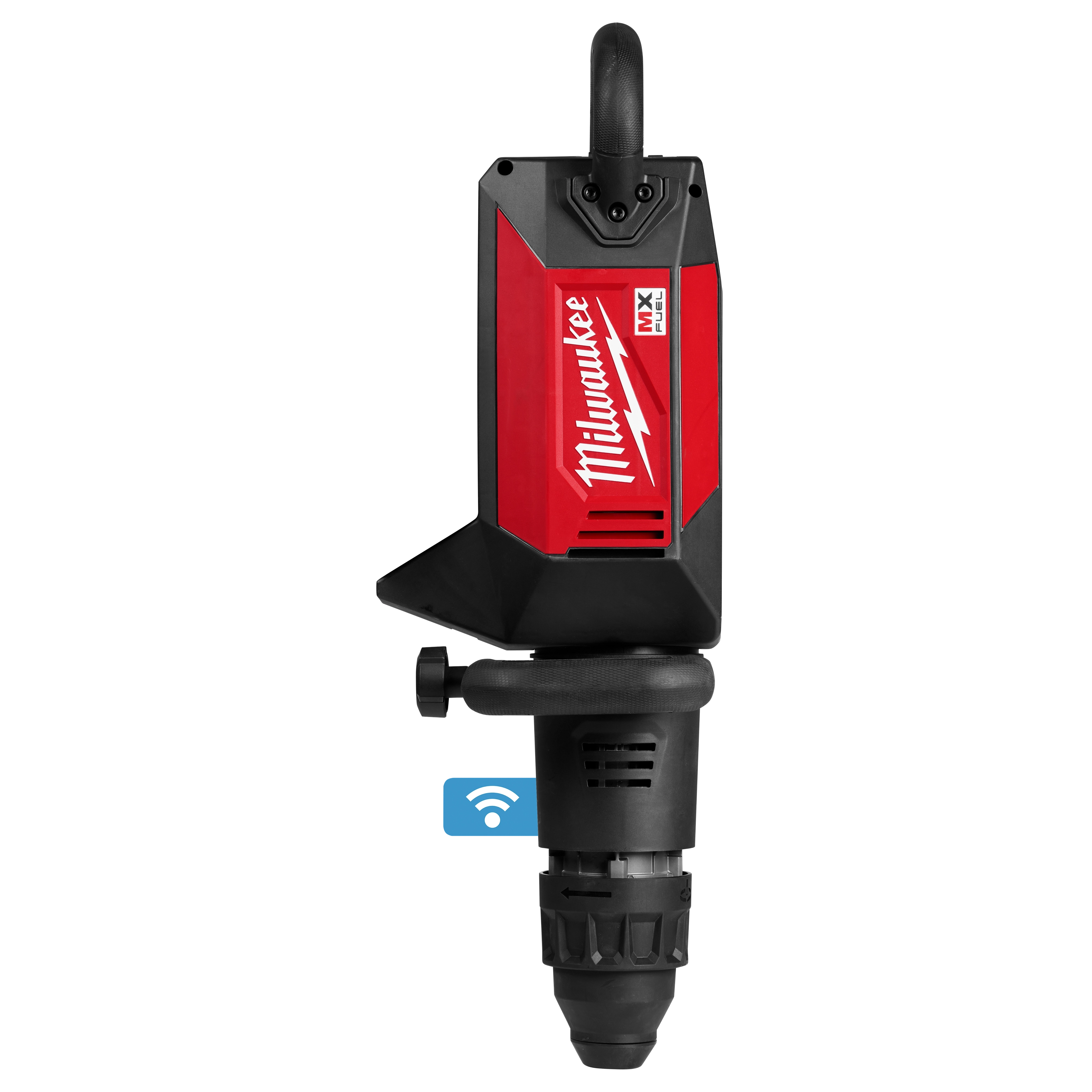 MX FUEL 27lb SDS MAX Demolition Hammer with black and red body, showing control panel and grip. Blue Wifi symbol on the lower part.