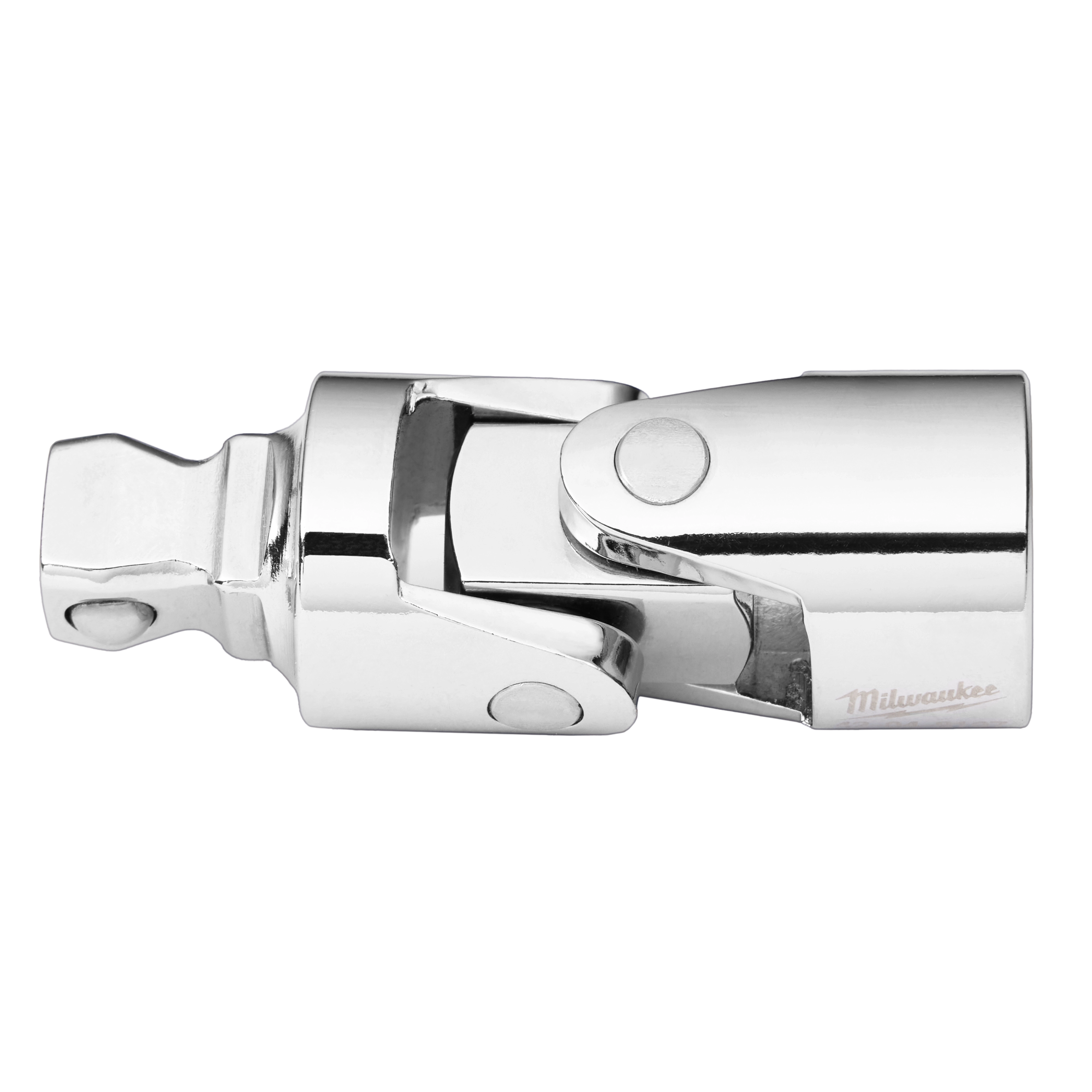 The 3/8" Drive Universal Joint from Milwaukee is a polished, metal tool attachment designed to enhance a ratchet's flexibility, allowing for better access to tight spaces.
