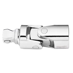 The 3/8" Drive Universal Joint from Milwaukee is a polished, metal tool attachment designed to enhance a ratchet's flexibility, allowing for better access to tight spaces.