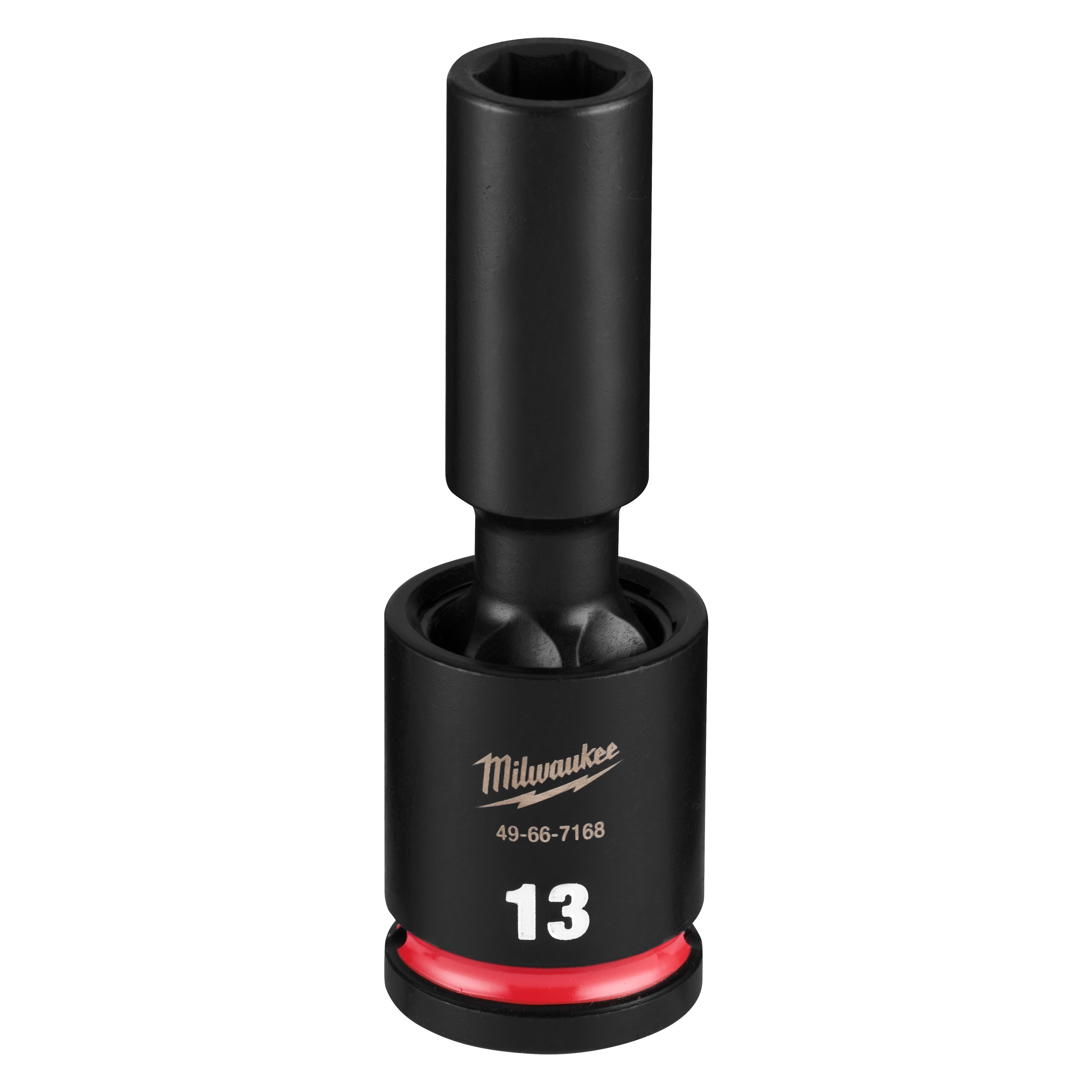 SHOCKWAVE Impact Duty 1/2" Drive 13MM Deep Swivel Socket standing upright with 13 marking and red ring at base.