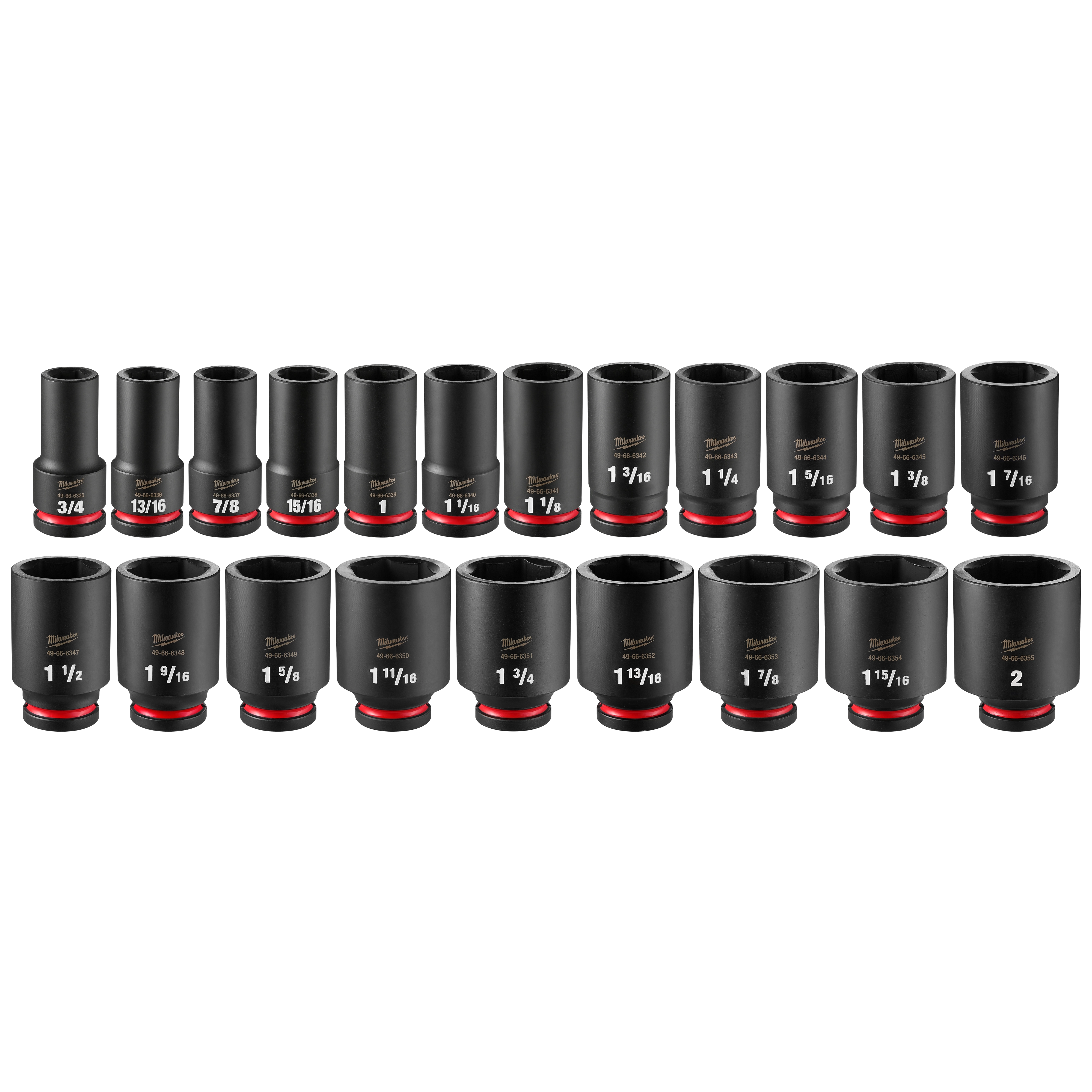 21PC Shockwave Impact Duty 3/4" Drive SAE Deep Socket Set with Packout includes 21 black deep sockets, labeled with sizes from 3/4" to 2".