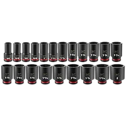 21PC Shockwave Impact Duty 3/4" Drive SAE Deep Socket Set with Packout includes 21 black deep sockets, labeled with sizes from 3/4" to 2".