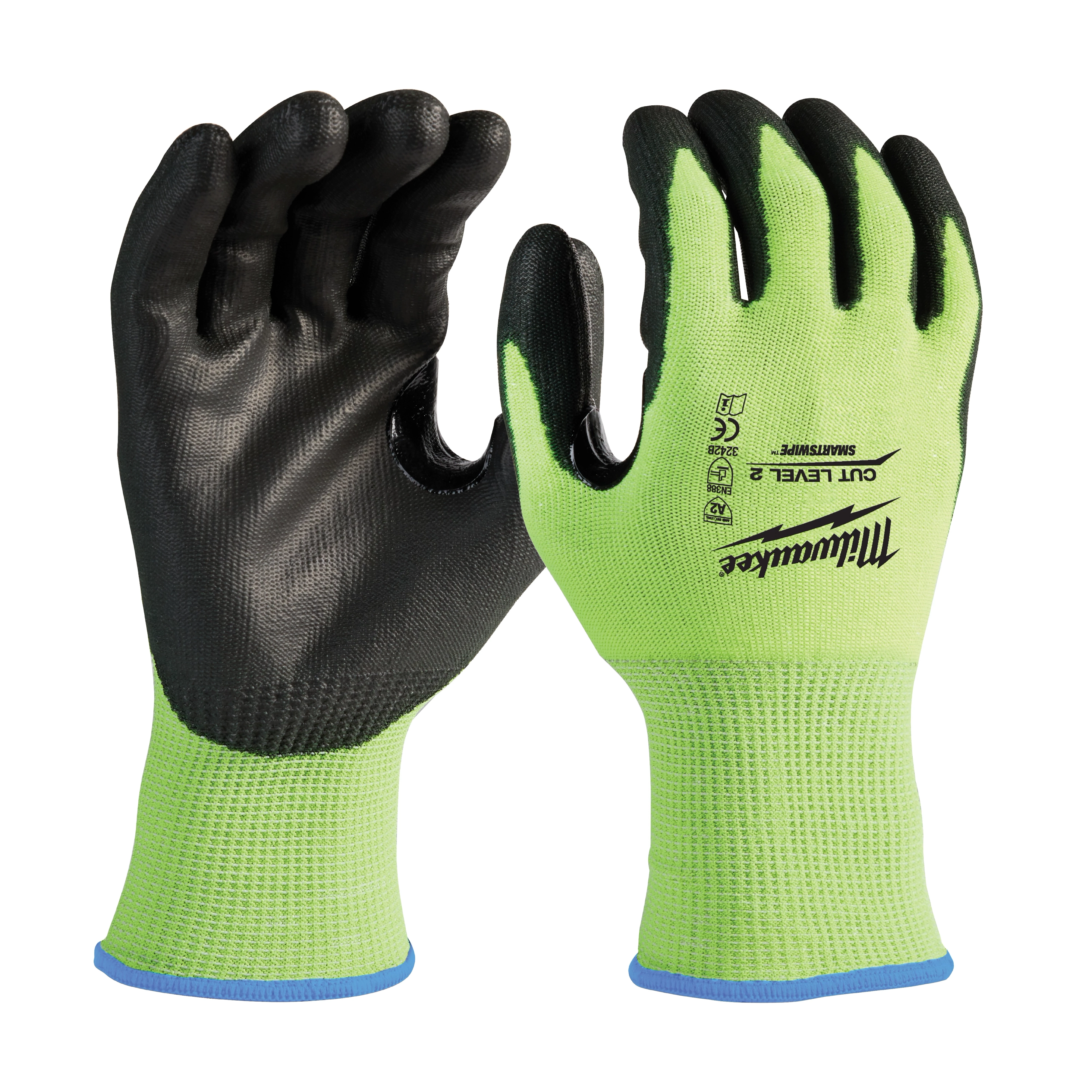 Milwaukee Cut Level 3 gloves, lime green with black palm coating, designed for durability and cut resistance.