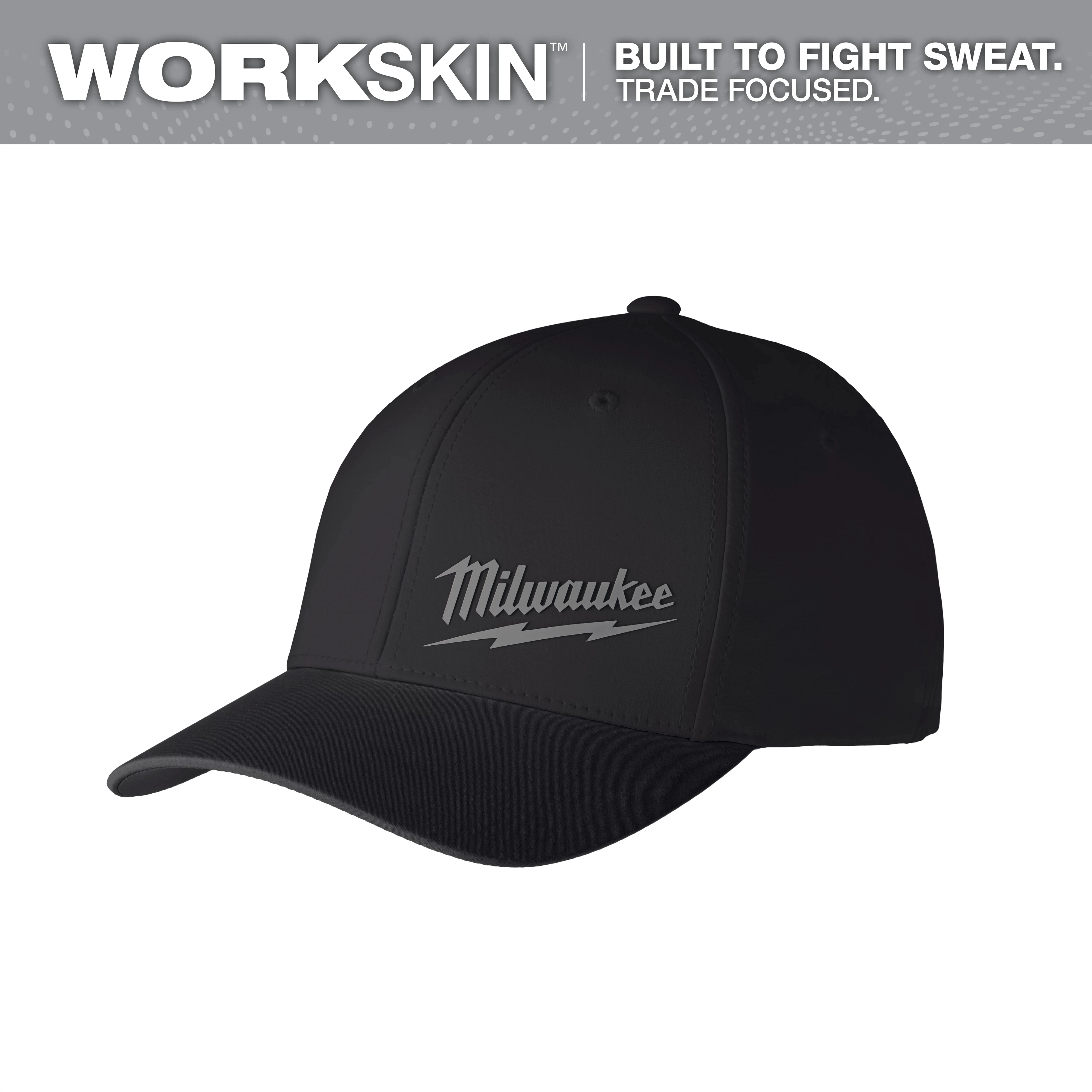 WORKSKIN Performance Fitted Hat is black with a grey "Milwaukee" logo in the front. Top text: "Built to Fight Sweat. Trade Focused."