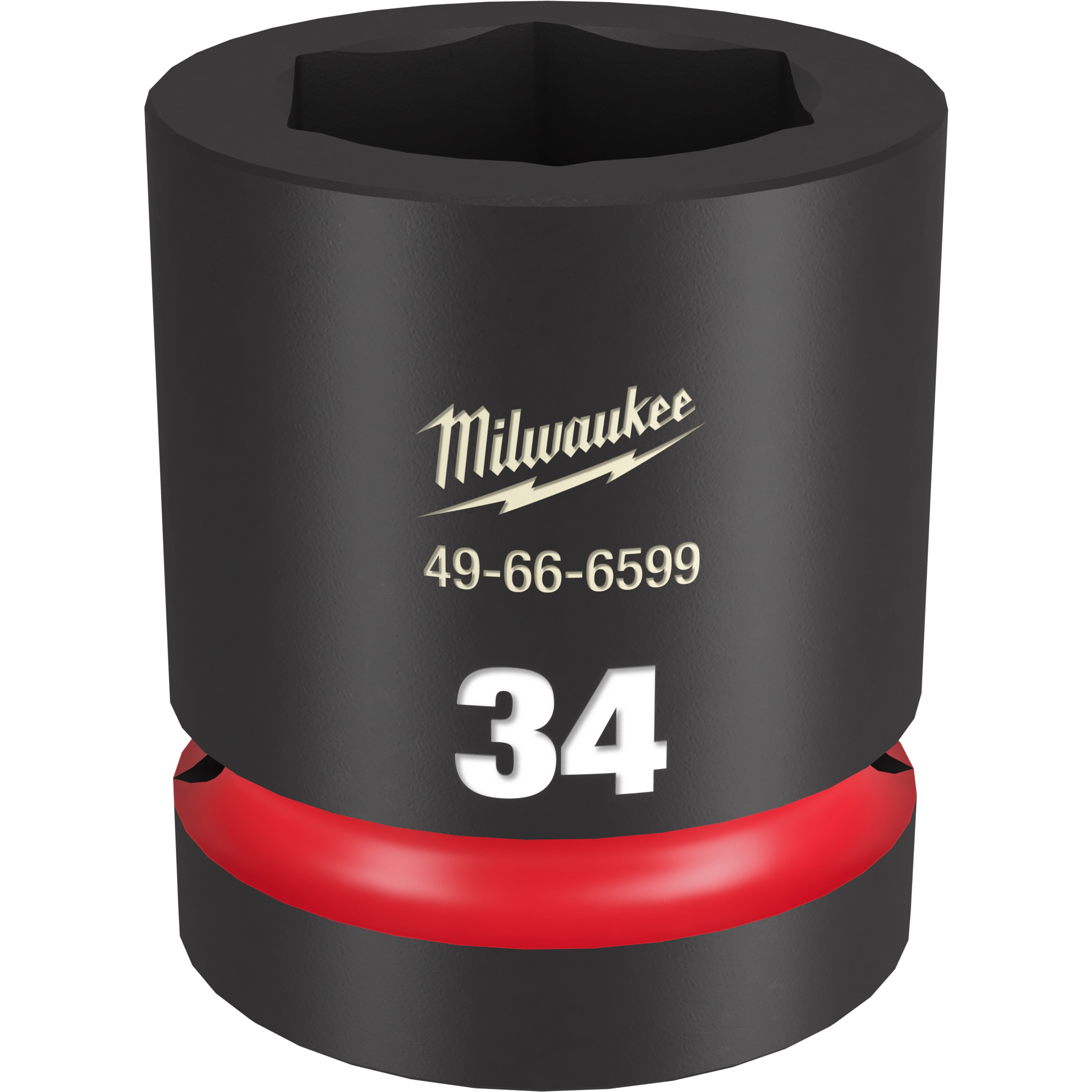 Milwaukee 1" DR 34MM STD Impact Socket features a black cylindrical shape with the number 34 and the product code 49-66-6599 printed in white. The socket has a red ring near the base and is designed for heavy-duty use.