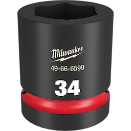 Milwaukee 1" DR 34MM STD Impact Socket features a black cylindrical shape with the number 34 and the product code 49-66-6599 printed in white. The socket has a red ring near the base and is designed for heavy-duty use.