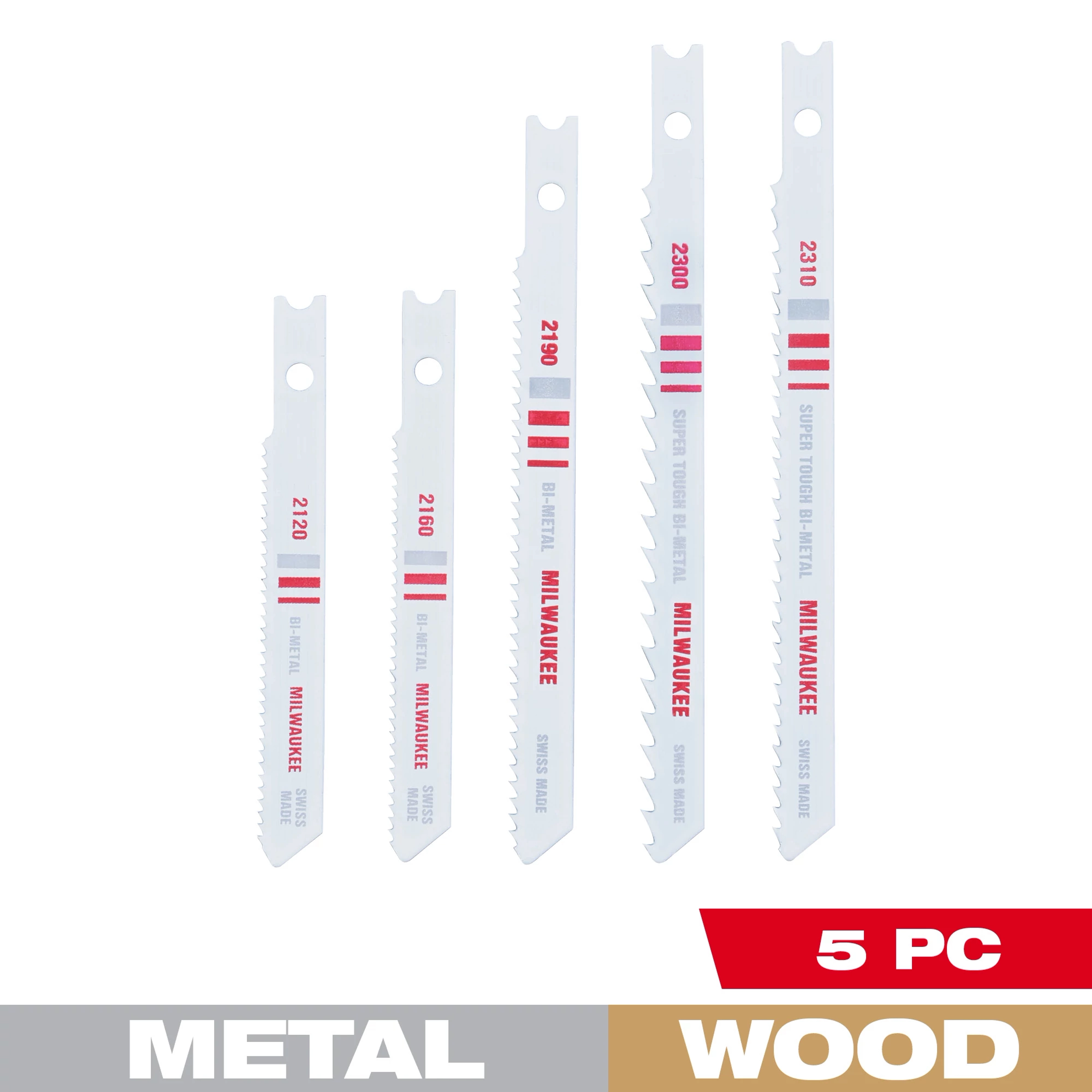 5 Pc U-Shank Bi-Metal Jig Saw Blade Set includes five blades of different sizes designed for cutting metal and wood.