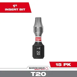 The image displays a SHOCKWAVE™ 1" T20 Impact Bit (15 Contractor PK) by Milwaukee. The bit is silver and black with "T20" printed on it, and the packaging indicates it is a 1-inch insert bit available in a 15-pack.