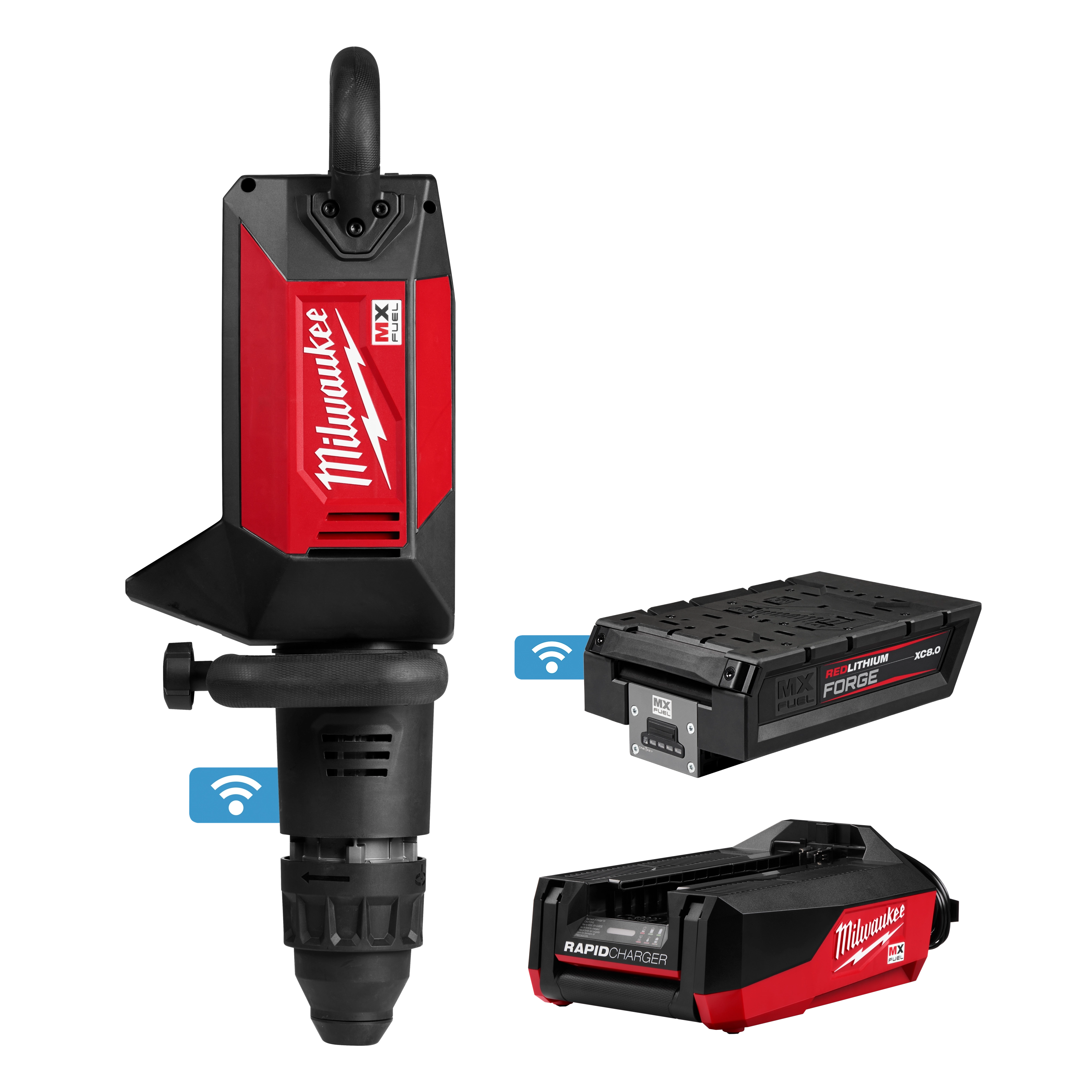 The MX FUEL 27 lb SDS MAX Demolition Hammer, shown with its red and black design, includes a battery pack and rapid charger.