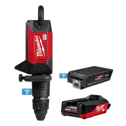 The MX FUEL 27 lb SDS MAX Demolition Hammer, shown with its red and black design, includes a battery pack and rapid charger.