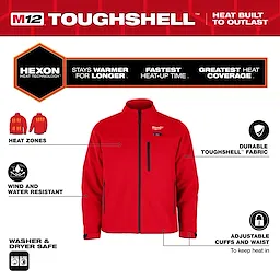 M12 Heated TOUGHSHELL Jacket in red with HEXON heat technology, showing heat zones, wind and water resistance, and adjustable cuffs.