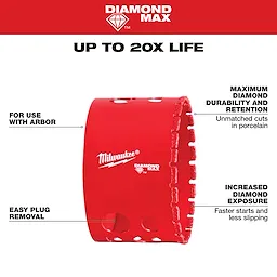 Image of the Milwaukee® 2-3/4" DIAMOND MAX™ Hole Saw. The red hole saw features labels highlighting its benefits: "Up to 20x life," "Maximum diamond durability and retention," "Increased diamond exposure," "Easy plug removal," and "For use with arbor." The Milwaukee® and DIAMOND MAX™ logos are visible.