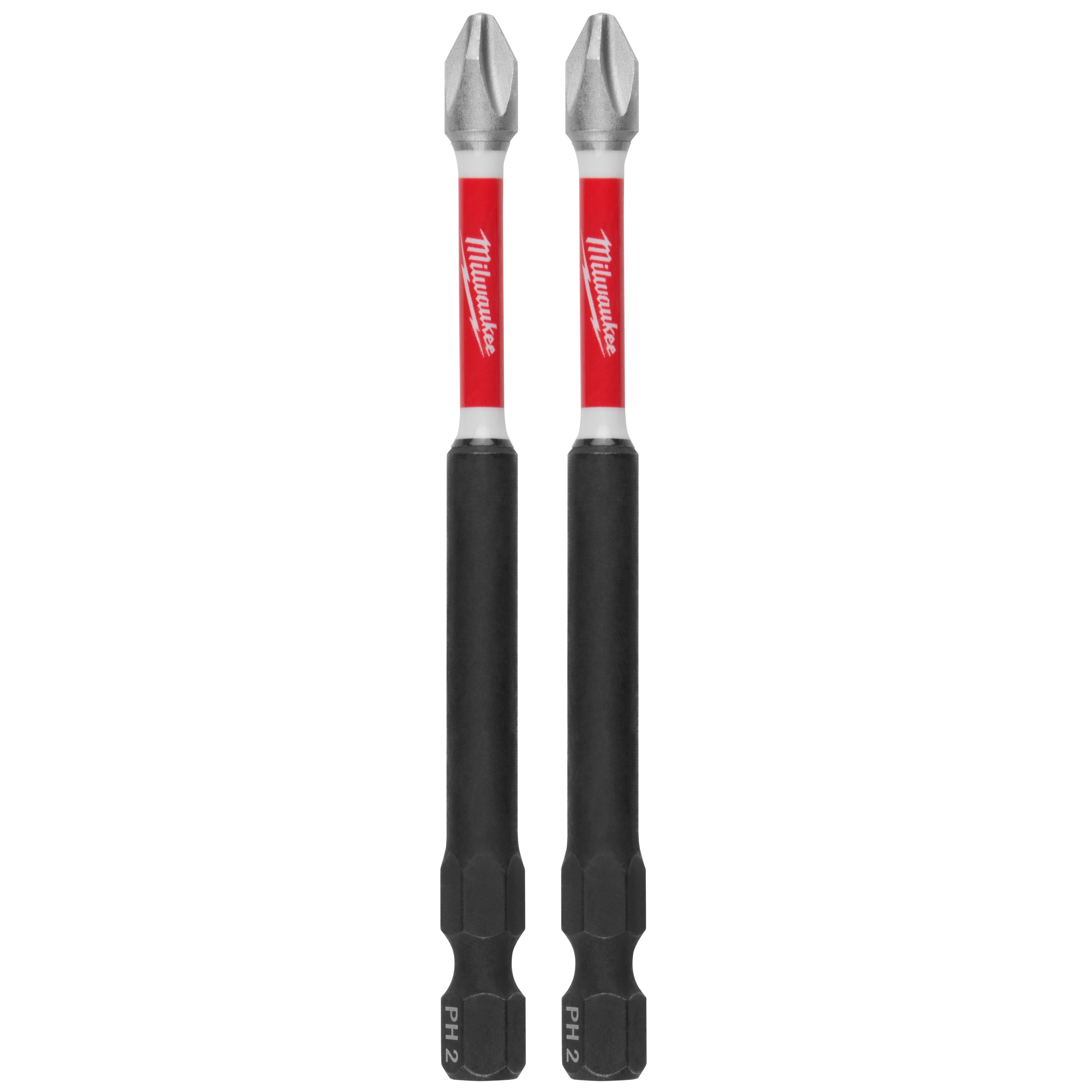 The image shows two SHOCKWAVE™ Impact Duty 3-1/2" PH2 Bits (2 PK). The bits have black lower portions, red middle sections with the Milwaukee logo, and metal Phillips heads.