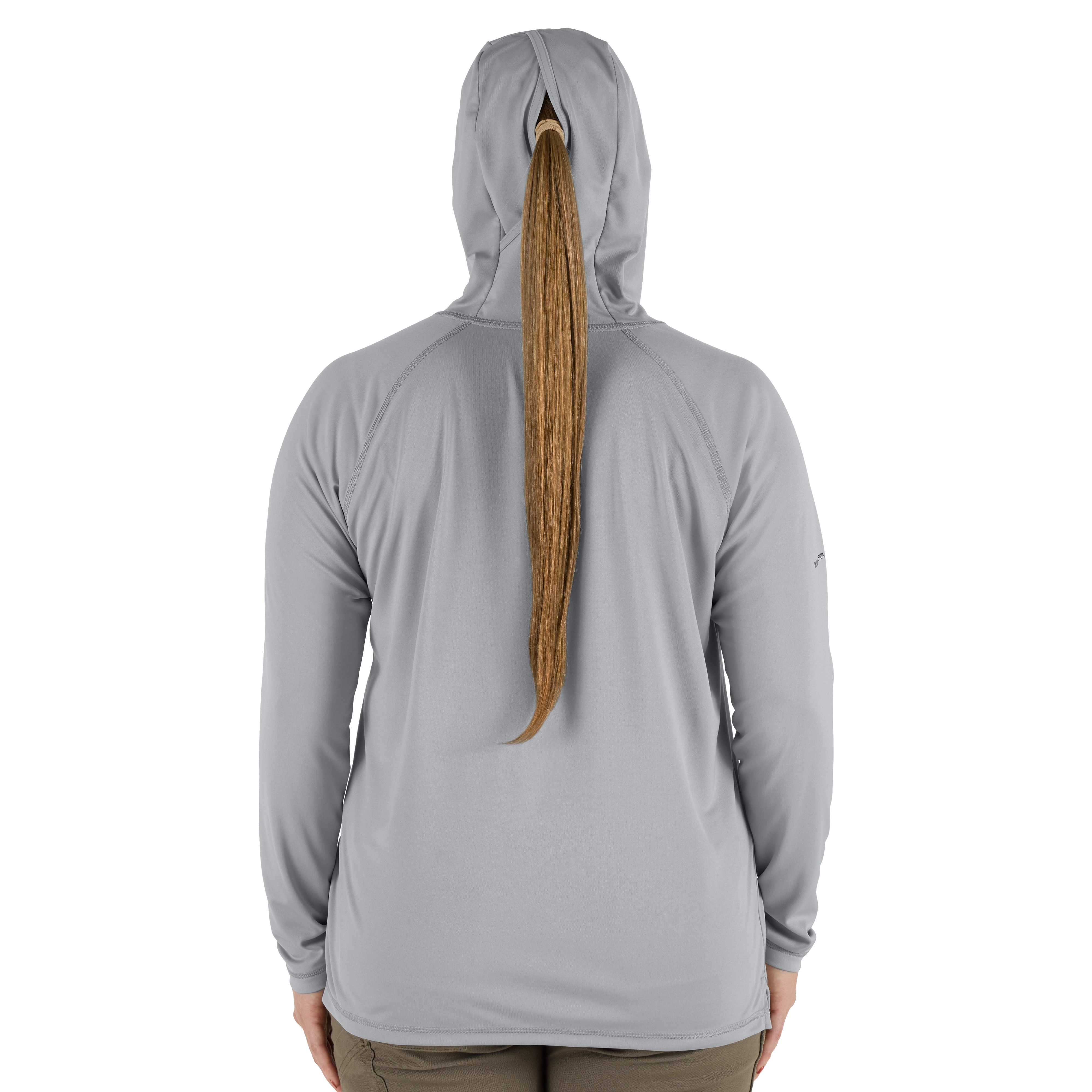 Back view of a person wearing the Women's WORKSKIN Hooded Sun Shirt – Gray. The shirt features a hood with an opening for a ponytail, long sleeves, and a relaxed fit. The color is a light gray, and the material appears to be lightweight and breathable.