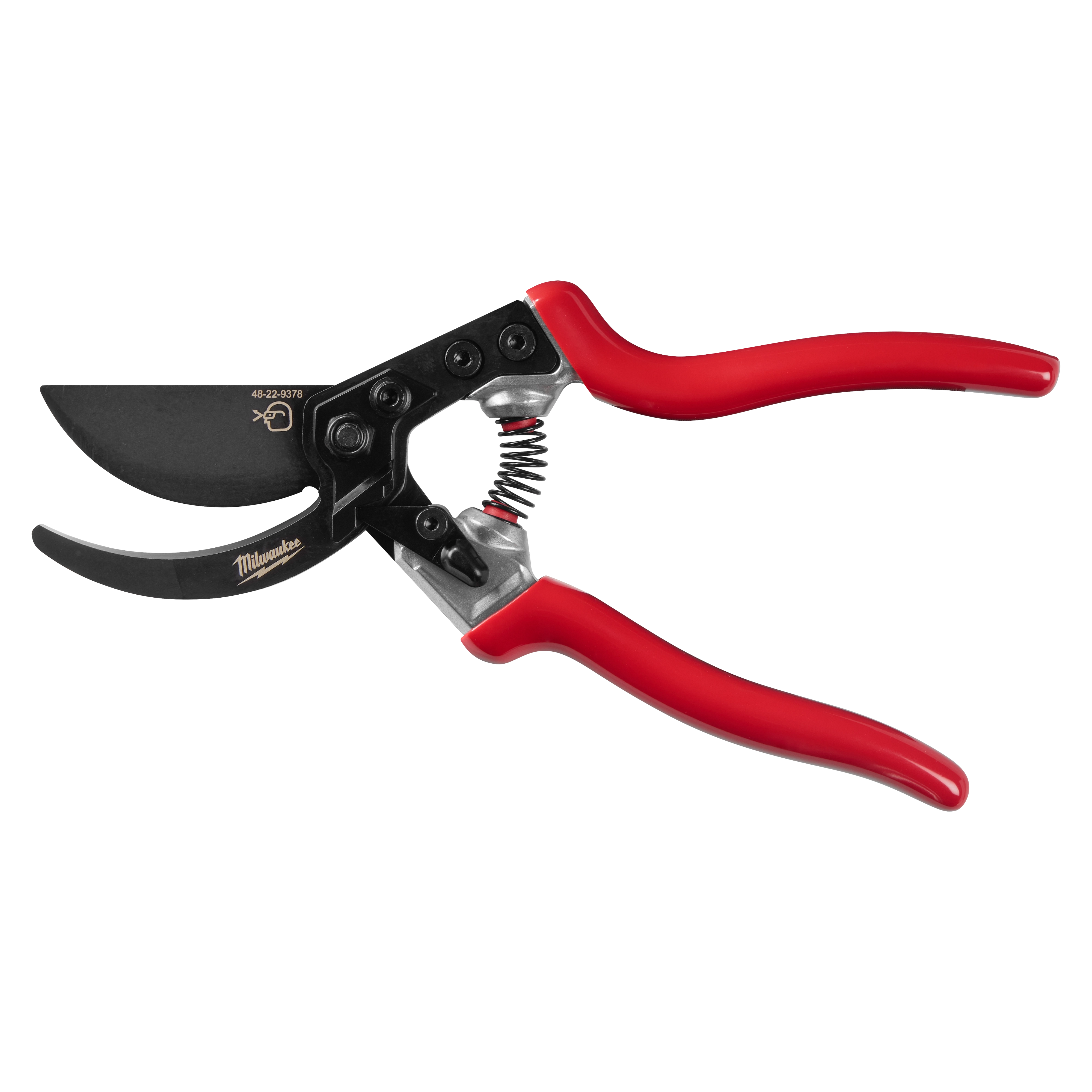 1” Angled Pruner with red handles, a black spring mechanism, and a sharp black blade designed for precise cutting tasks.