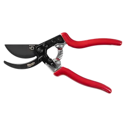 1” Angled Pruner with red handles, a black spring mechanism, and a sharp black blade designed for precise cutting tasks.