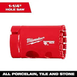 Milwaukee 1-1/4" Diamond Max Hole Saw in red, suitable for cutting porcelain, tile, and stone materials.