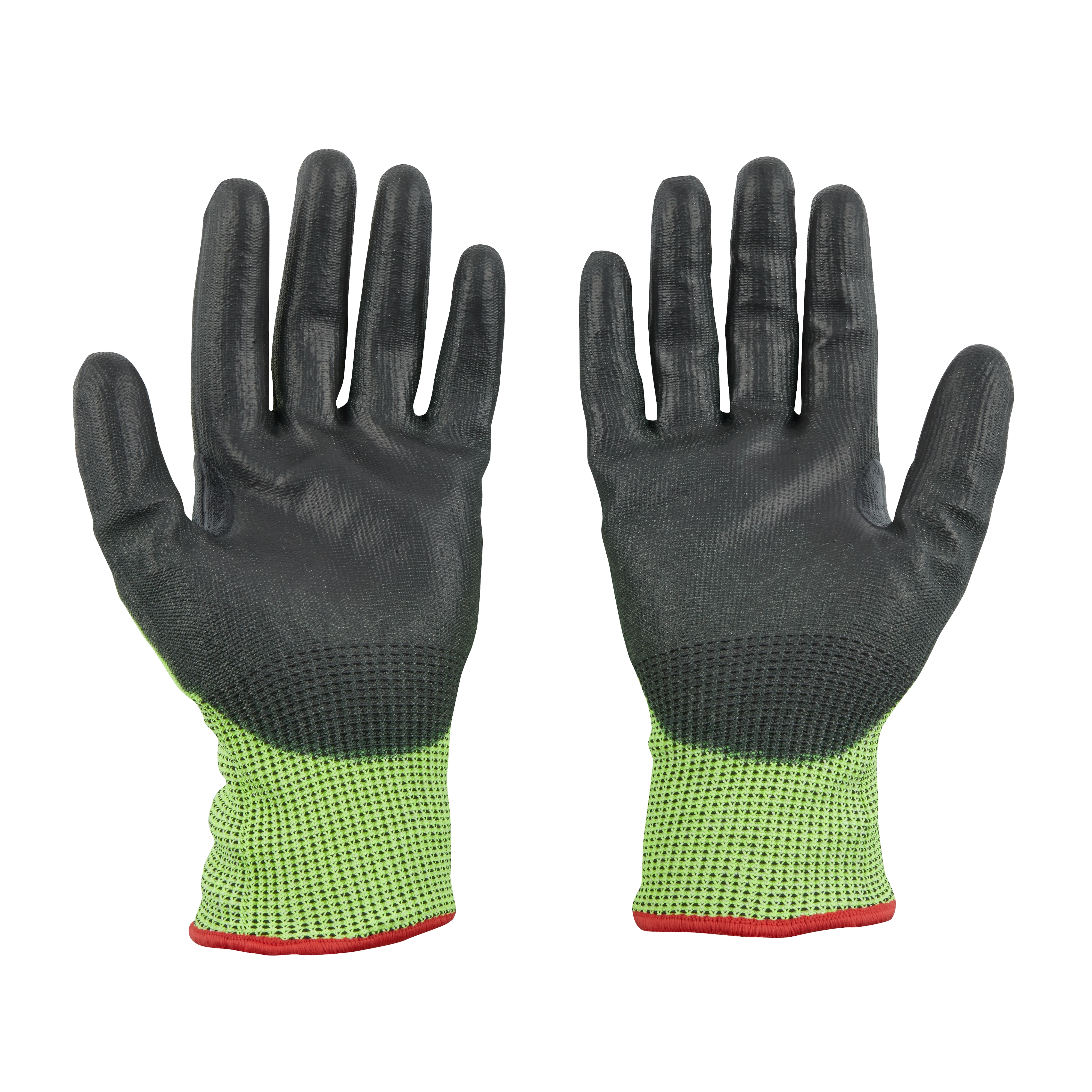 High Visibility Cut Level 5 Polyurethane Dipped Gloves, featuring black palms and fingers with green and yellow cuffs.