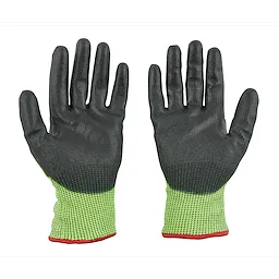 High Visibility Cut Level 5 Polyurethane Dipped Gloves, featuring black palms and fingers with green and yellow cuffs.
