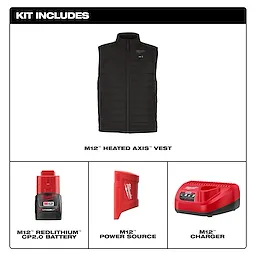 Product includes M12 Heated AXIS Jacket, M12 RedLithium CP2.0 battery, M12 power source, and M12 charger. Jacket shown in black.