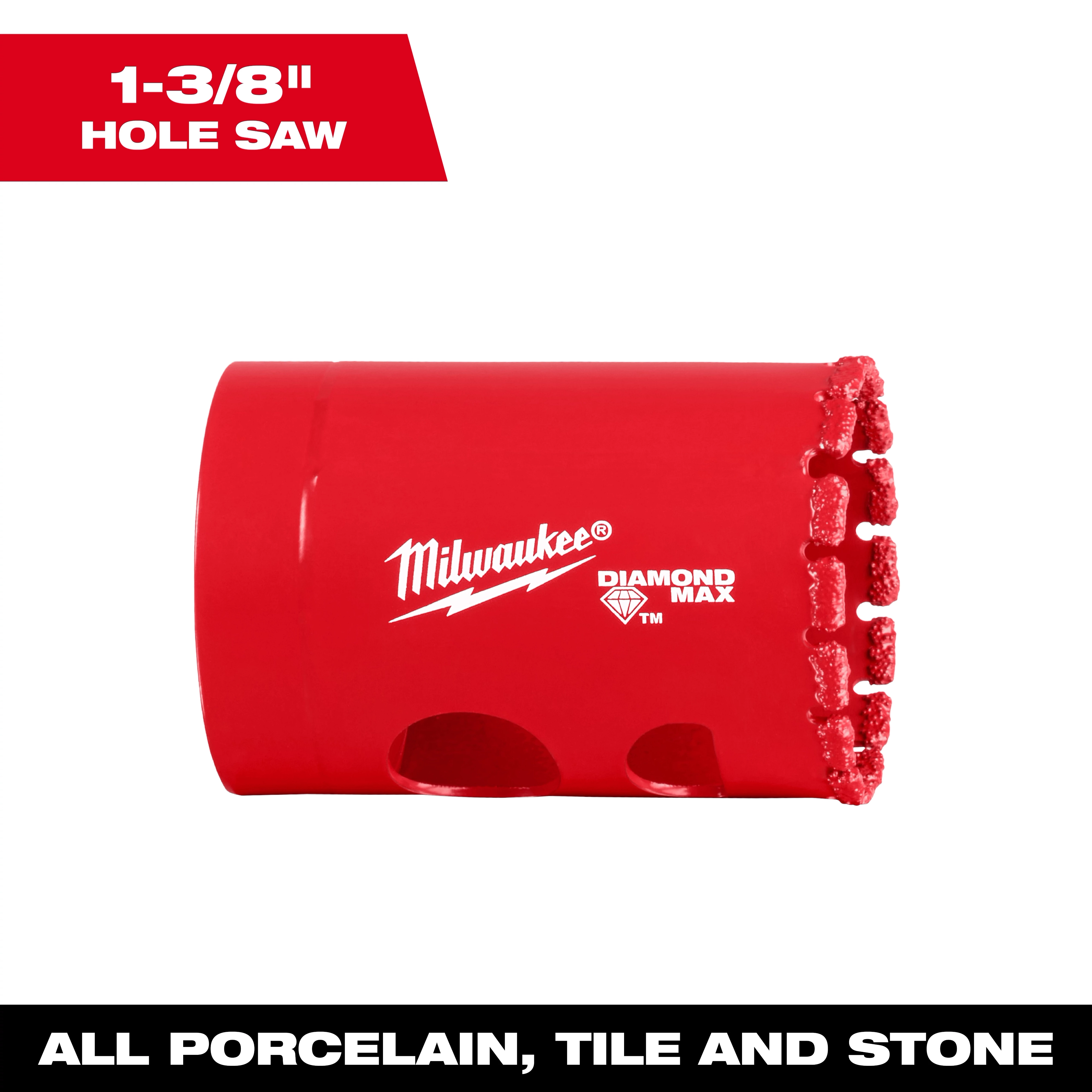 Milwaukee 1-3/8" Diamond Max Hole Saw, red, for cutting porcelain, tile, and stone, with text indicating product use at the bottom.