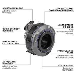 1.8" - 2.1" Adjustable Bushing for M18 FUEL™ Covered Conductor Cable Stripper features adjustable blade, quick-connect bushings, replaceable cutting blade, and adjustable diameter. It also includes clean stripping for covered conductors, laser-etched sizing, a free-floating plate, and color-coded sizing identification.