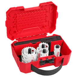 Red tool case containing white steel hole saws of various sizes, with a black latch and handle.