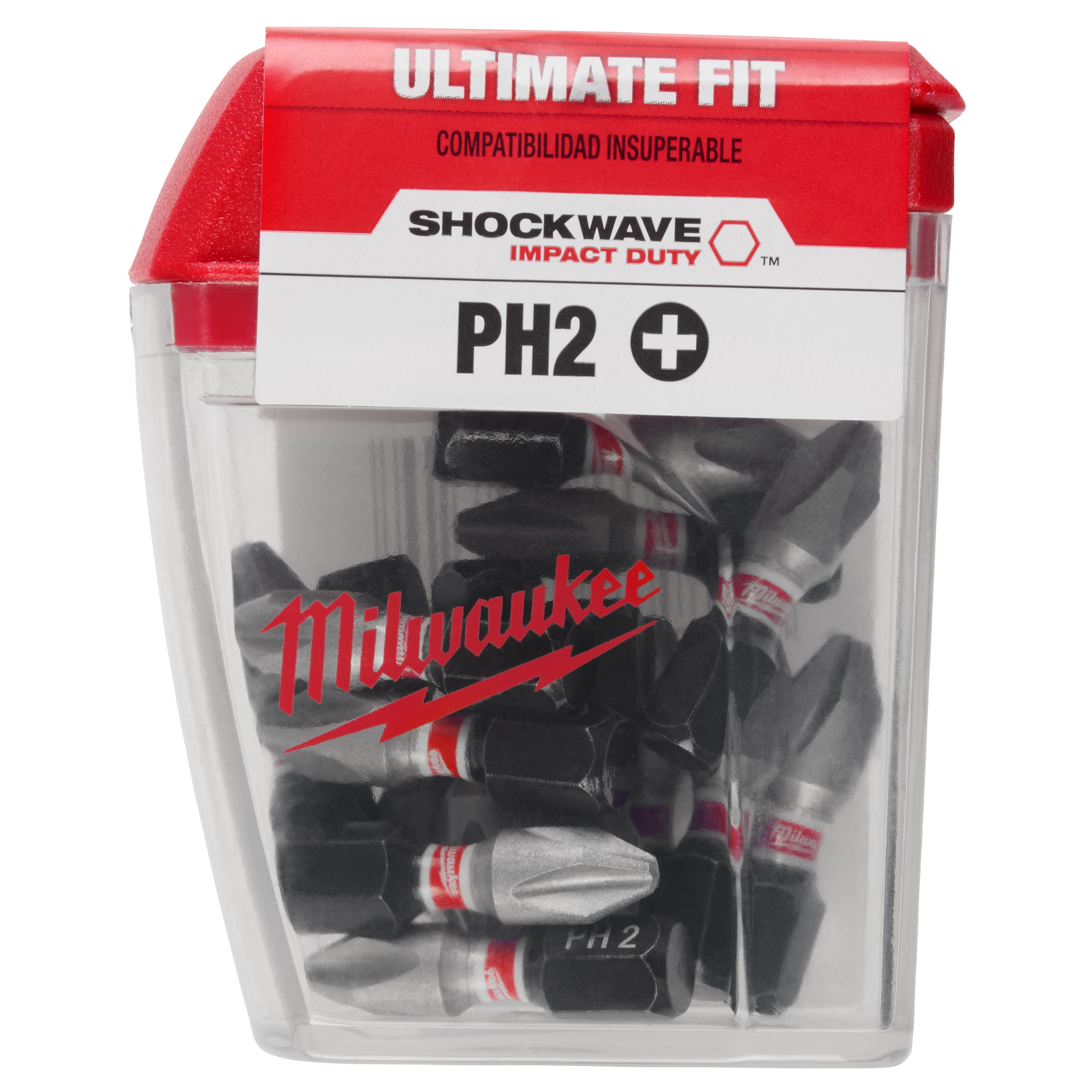 Image of SHOCKWAVE™ 1" Impact Duty Phillips #2 Insert Bits (15 Contractor PK) by Milwaukee, shown in a transparent plastic container with a red lid and label. The container includes multiple insert bits for power drills.