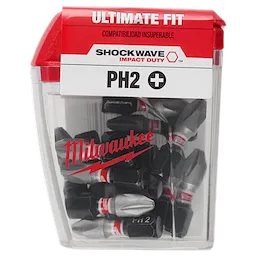 Image of SHOCKWAVE™ 1" Impact Duty Phillips #2 Insert Bits (15 Contractor PK) by Milwaukee, shown in a transparent plastic container with a red lid and label. The container includes multiple insert bits for power drills.