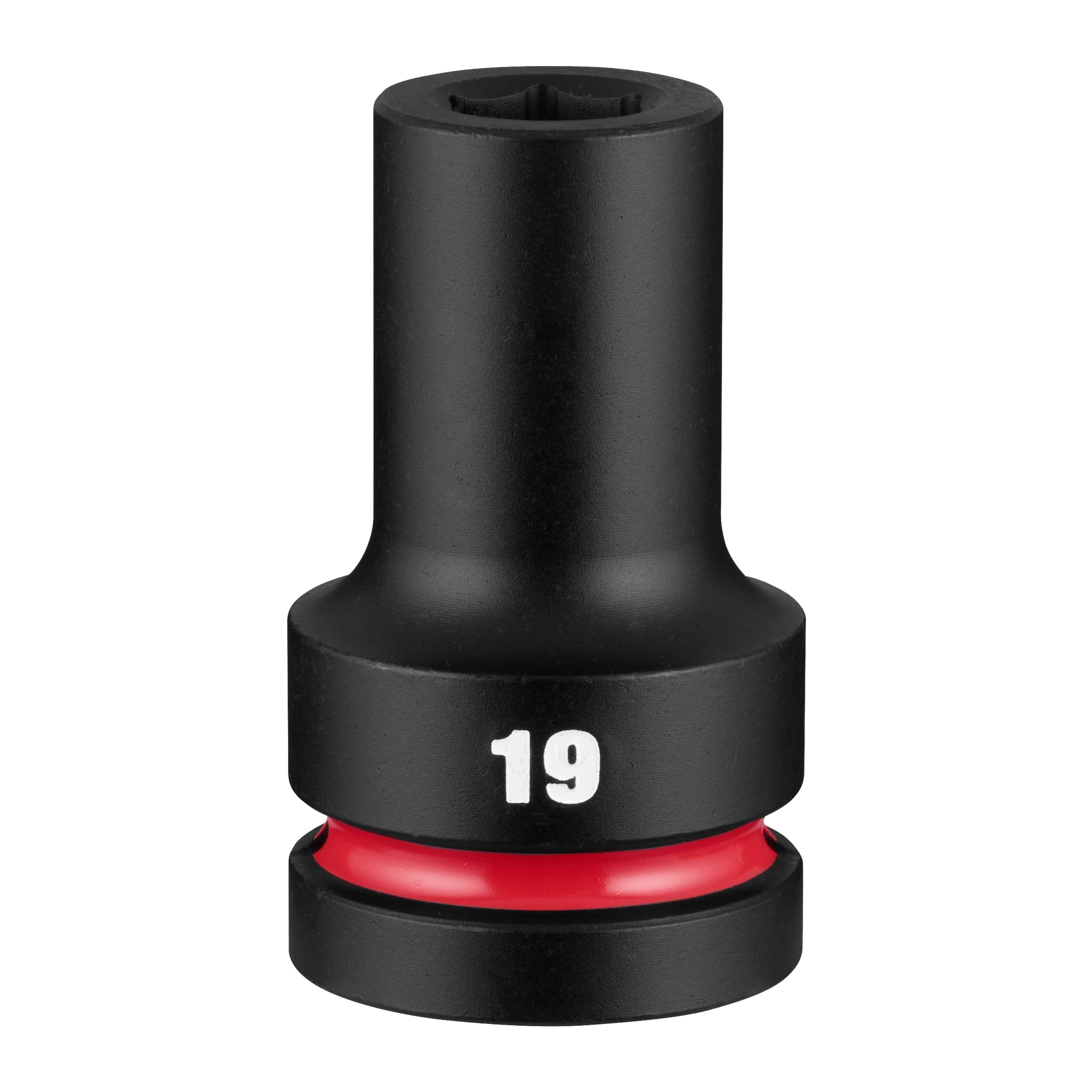 SHOCKWAVE Impact Duty 1" Drive 19mm Deep 6 Point Socket standing upright with a visible 19 marking and red ring.