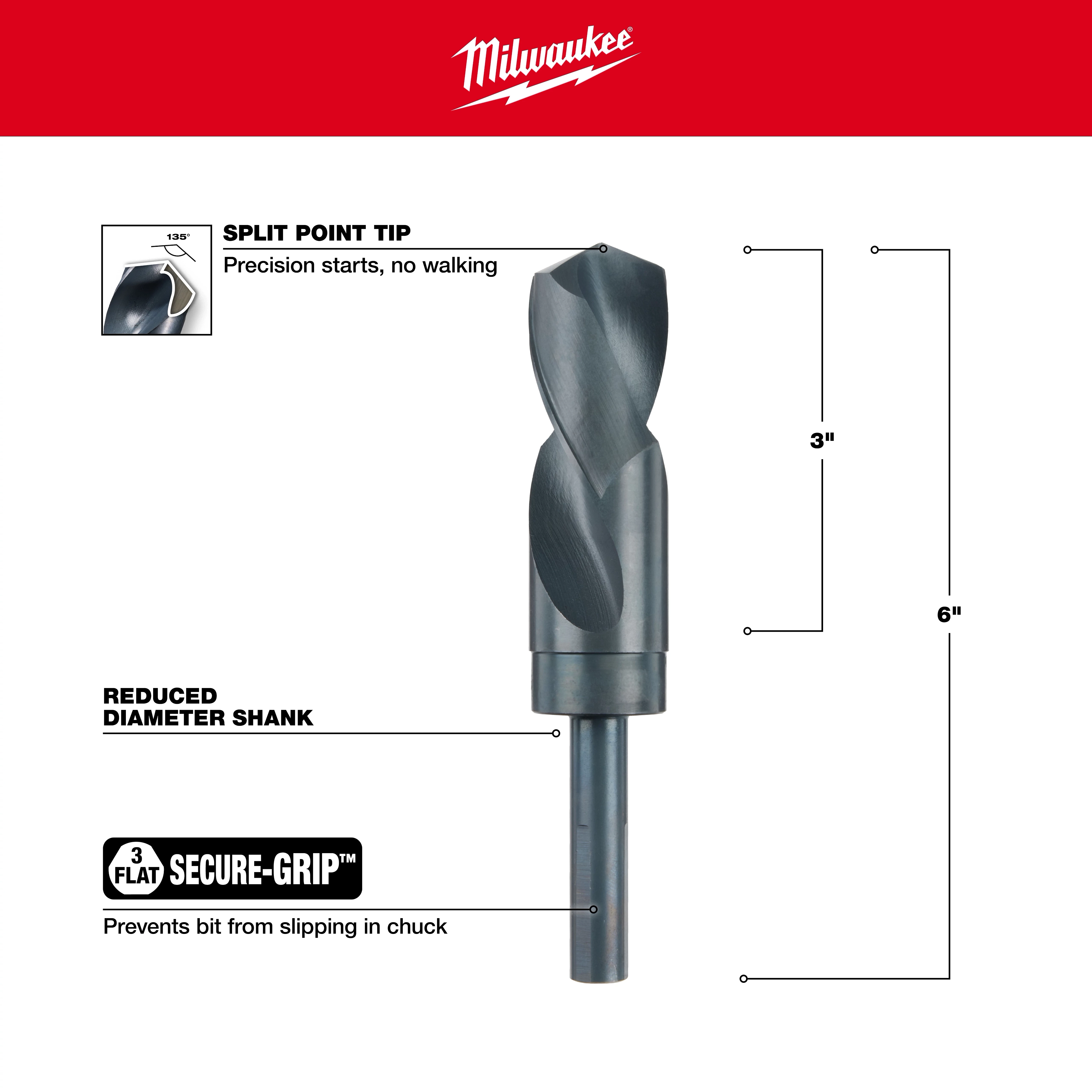 Milwaukee 48-89-2757 Walkaround drill bit features a split point tip for precision, reduced diameter shank, and a secure-grip.