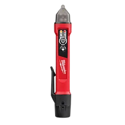 Milwaukee voltage detector pen features a red body with buttons labeled "Mode" and "Light" and a black clip on the side.