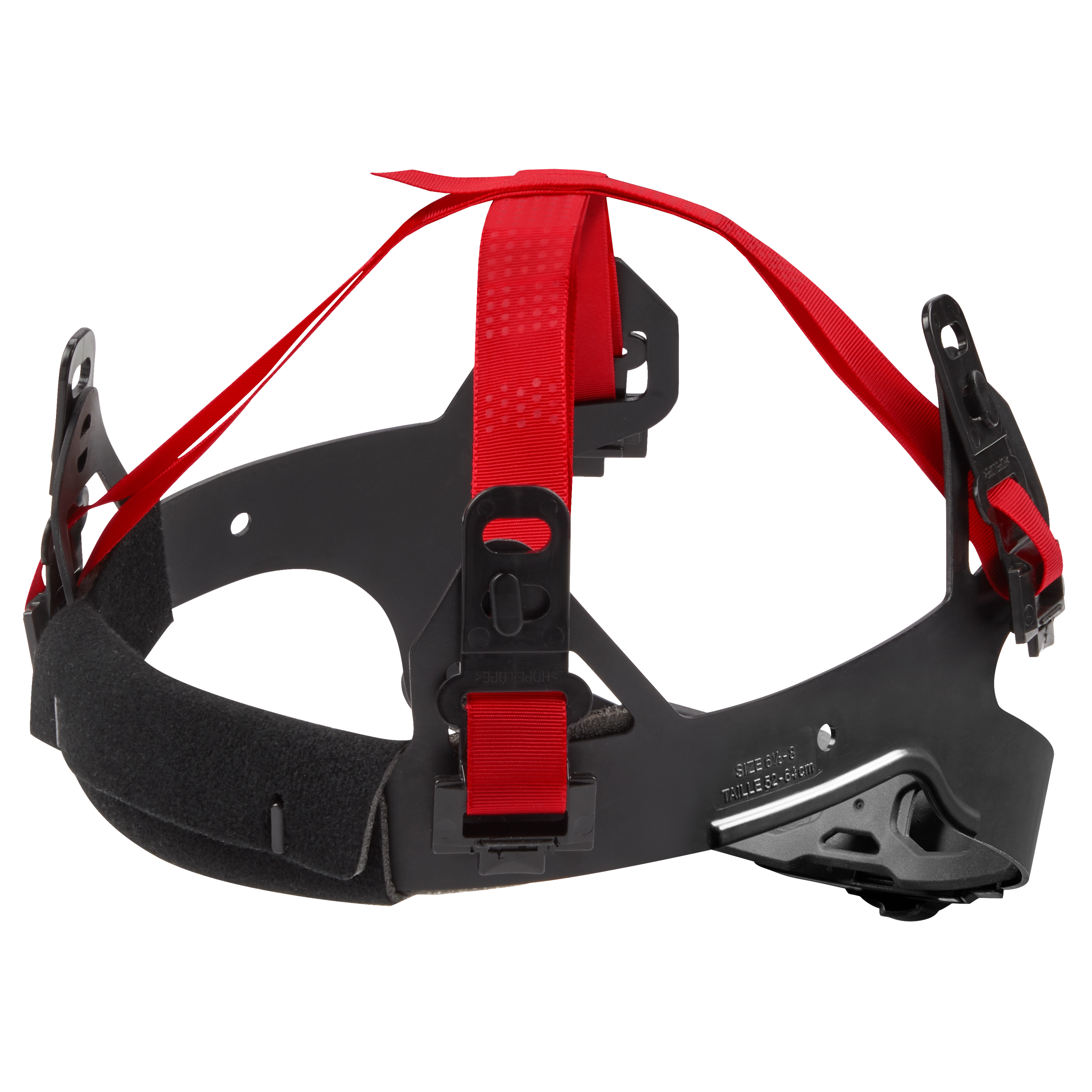 The 4-Point Ratcheting Suspension features a red adjustable strap system with black cushioned support and ratcheting mechanism. It provides enhanced comfort and secure fit for hard hats.