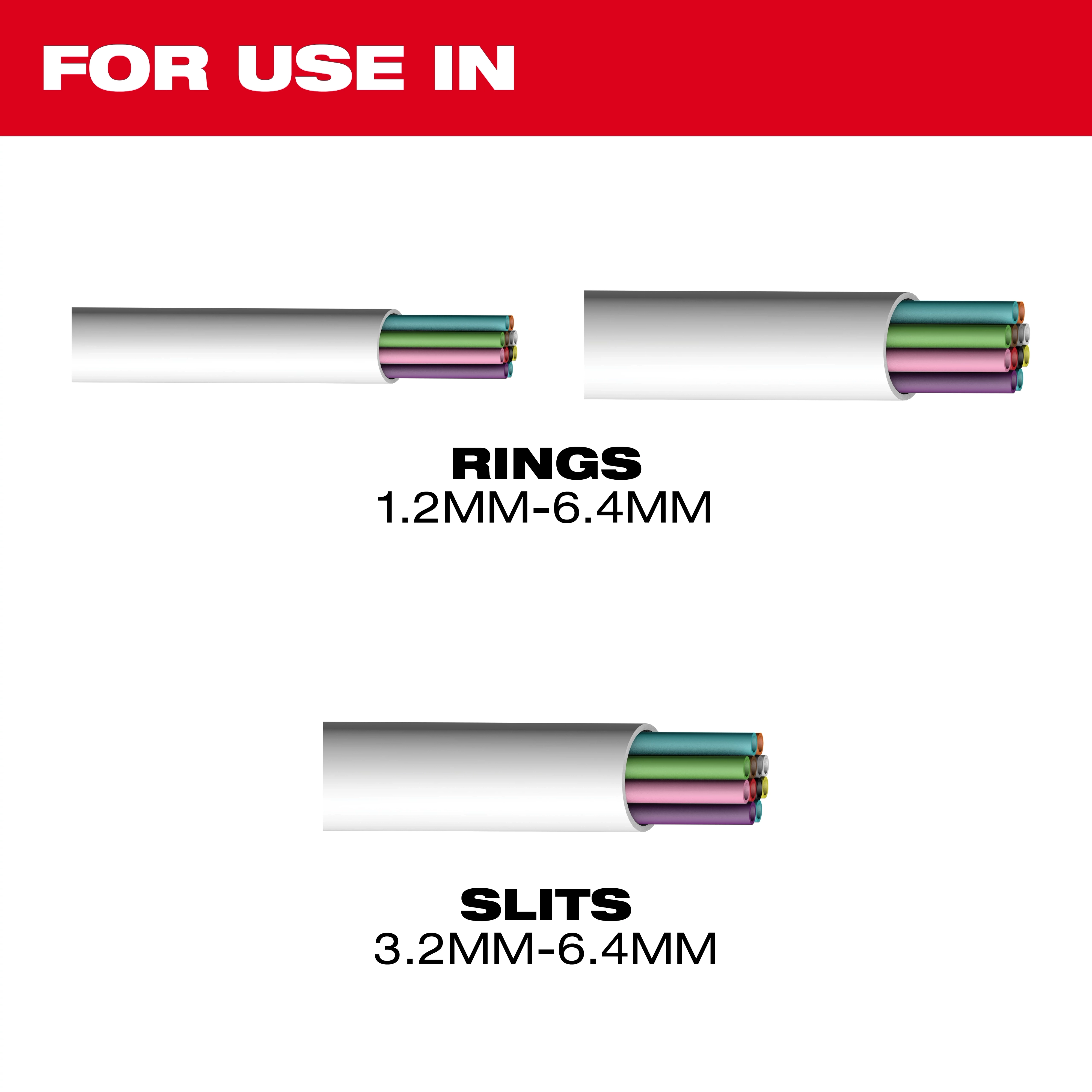 This image shows the Buffer Tube Ringer & Slitter, with illustrations of optical fiber cables. It indicates that the tool is used for making rings on cables with a diameter of 1.2mm to 6.4mm, and slits on cables with a diameter of 3.2mm to 6.4mm.