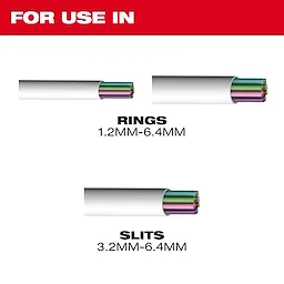This image shows the Buffer Tube Ringer & Slitter, with illustrations of optical fiber cables. It indicates that the tool is used for making rings on cables with a diameter of 1.2mm to 6.4mm, and slits on cables with a diameter of 3.2mm to 6.4mm.