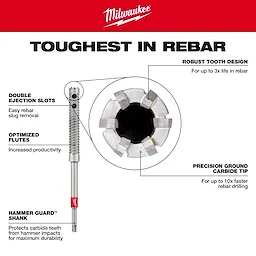 Rebar Cutter Image Reel by Milwaukee features double ejection slots, optimized flutes, robust tooth design, and a precision ground carbide tip.
