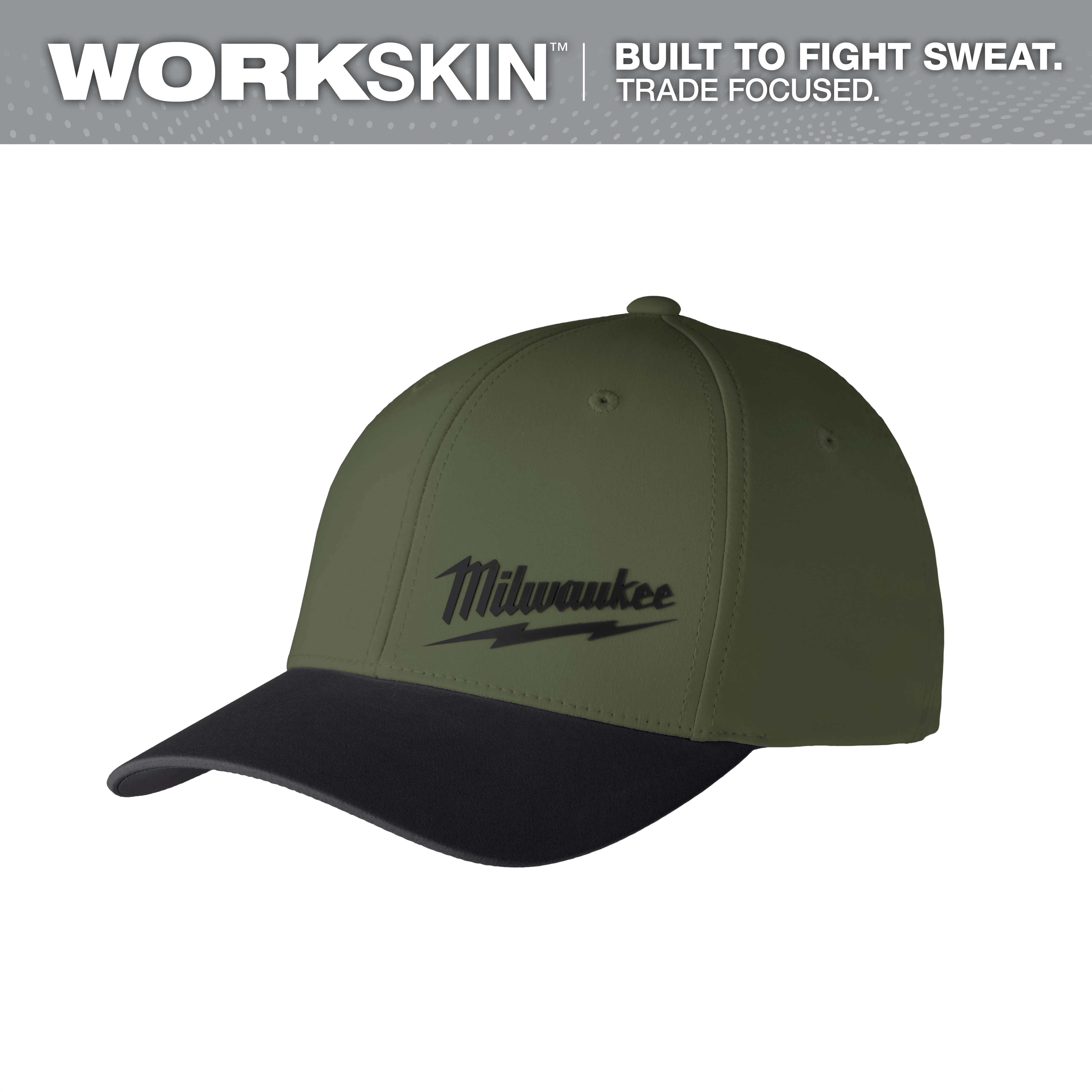WORKSKIN Performance Fitted Hat featuring a black brim and olive green cap with Milwaukee logo in black. Text: "Built to Fight Sweat."