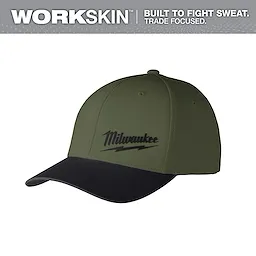 WORKSKIN Performance Fitted Hat featuring a black brim and olive green cap with Milwaukee logo in black. Text: "Built to Fight Sweat."