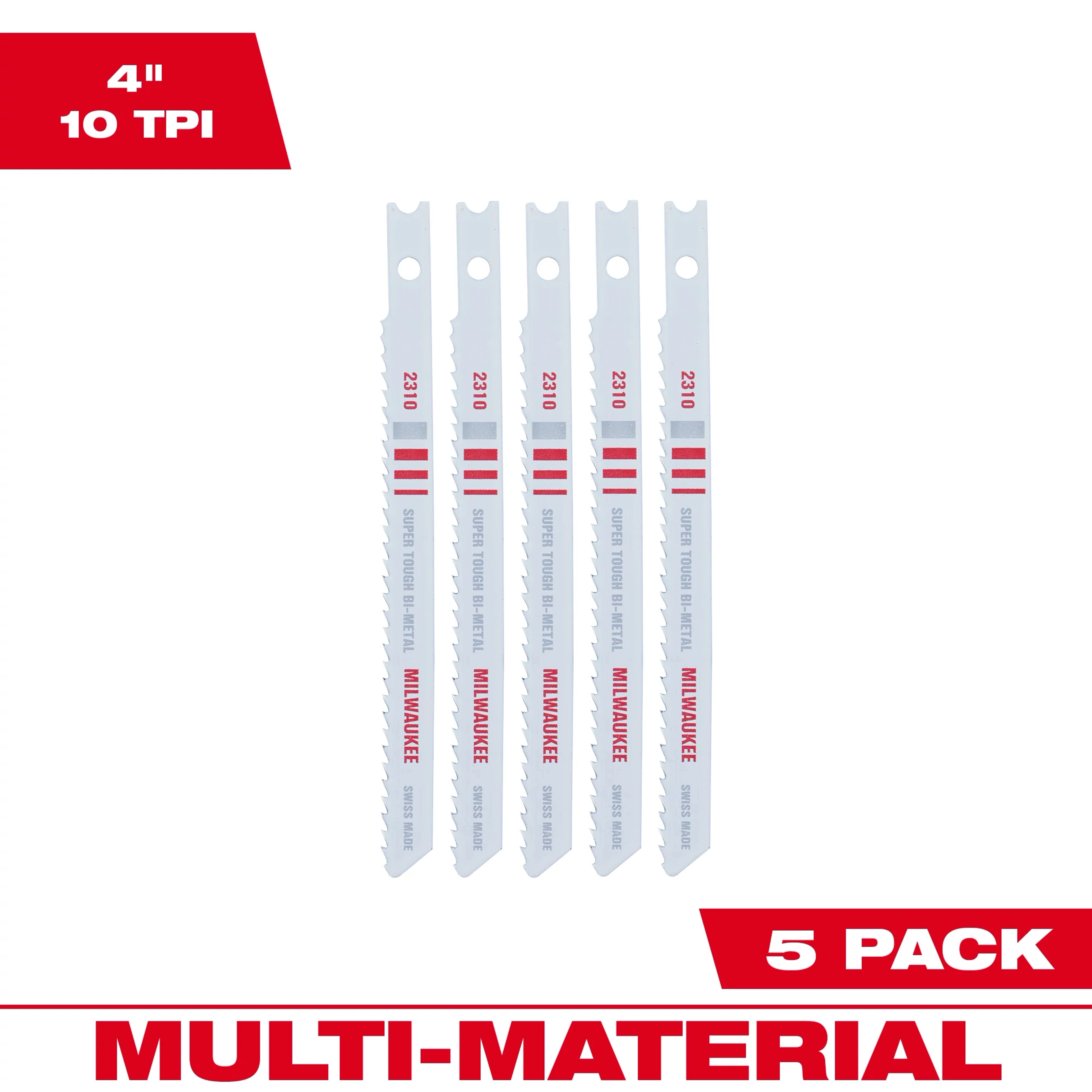 4" 10TPI U-Shank Multi-Material Bi-Metal Jig Saw Blades 5PK displayed vertically with product details on a white background.