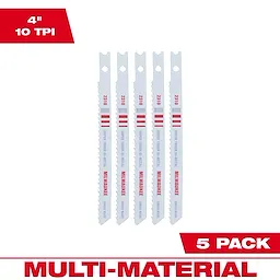4" 10TPI U-Shank Multi-Material Bi-Metal Jig Saw Blades 5PK displayed vertically with product details on a white background.