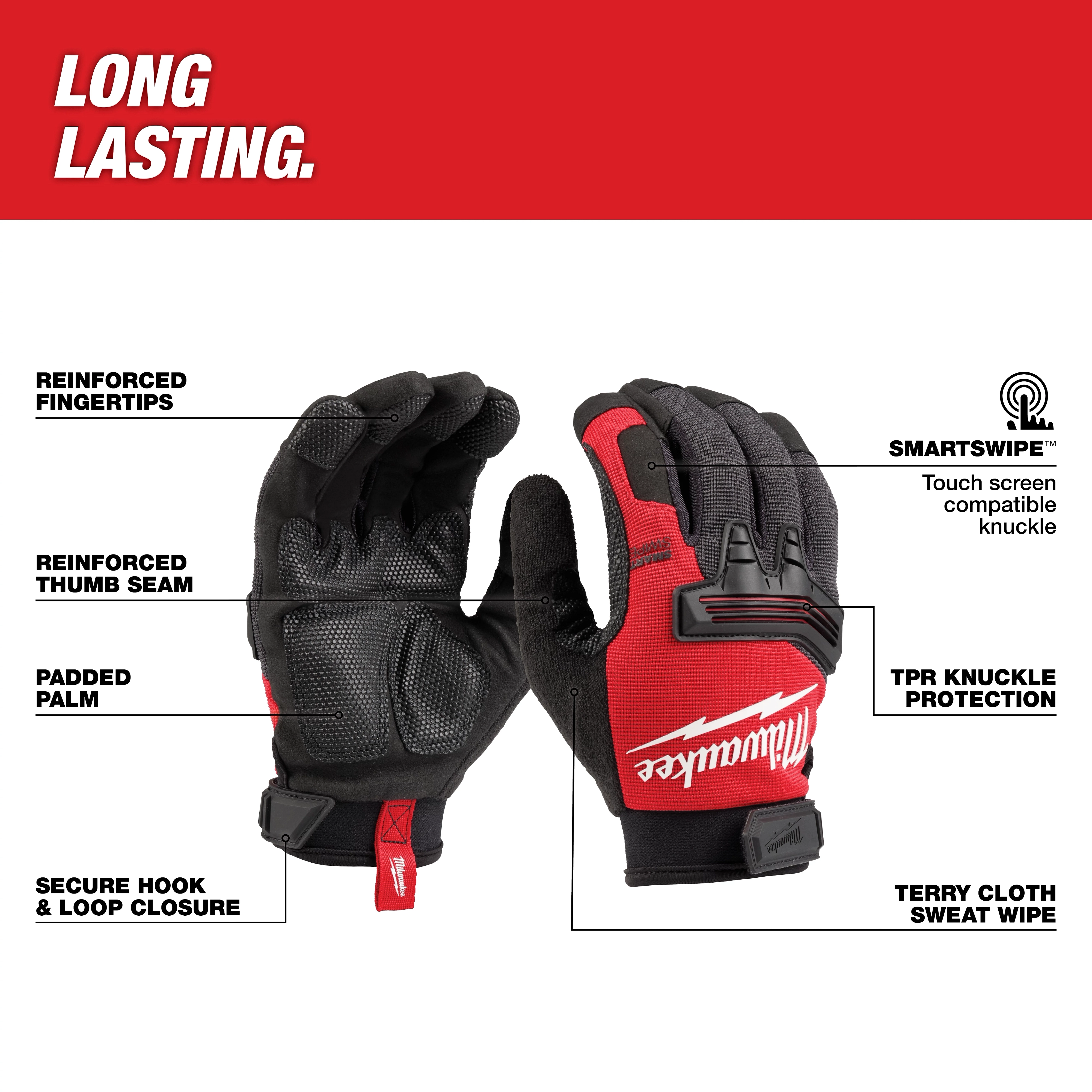 WRECKING%20WORK%20GLOVE features reinforced fingertips, padded palm, knuckle protection, touch screen compatibility, and secure closure.
