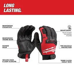 WRECKING%20WORK%20GLOVE features reinforced fingertips, padded palm, knuckle protection, touch screen compatibility, and secure closure.