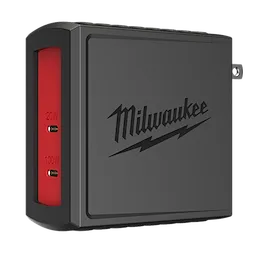 The 120W USB-C Wall Adapter by Milwaukee features two ports: one delivering 20W and the other 100W. It has a black exterior with red highlights and the Milwaukee logo.